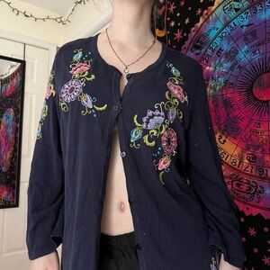 Vintage norm thompson Floral navy Embroidered Cardigan cottagecore